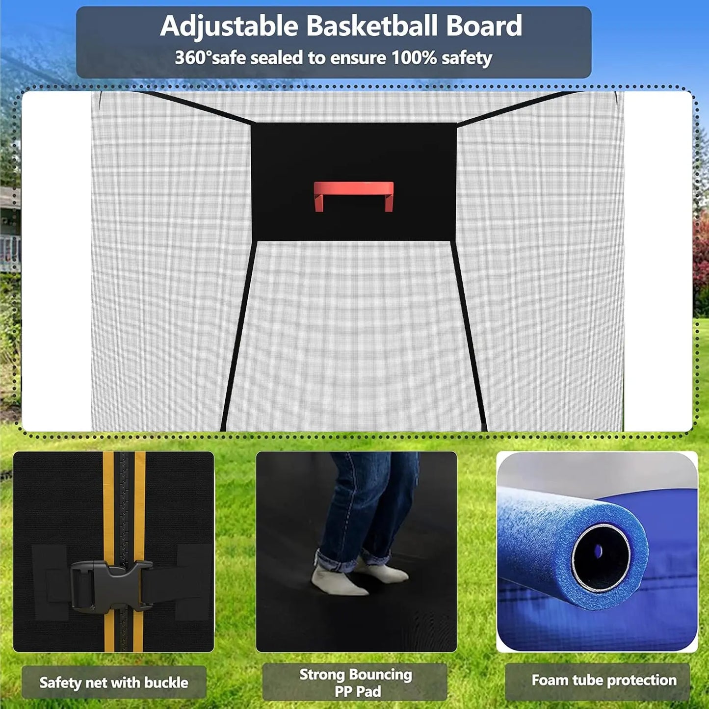 Upgraded 14FT 15FT Trampoline for Kids and Adults, Large Outdoor Trampoline with Stakes, Light, Sprinkler, Backyard Trampoline w