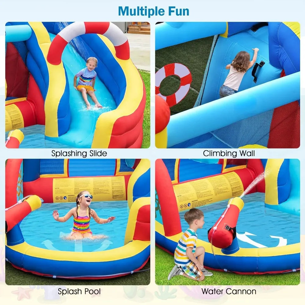 Inflatable Water Slides, Nautical Themed Bouncy House with Slide, Splash Pool, Water Gun, Outdoor Jumping Castle with Hose
