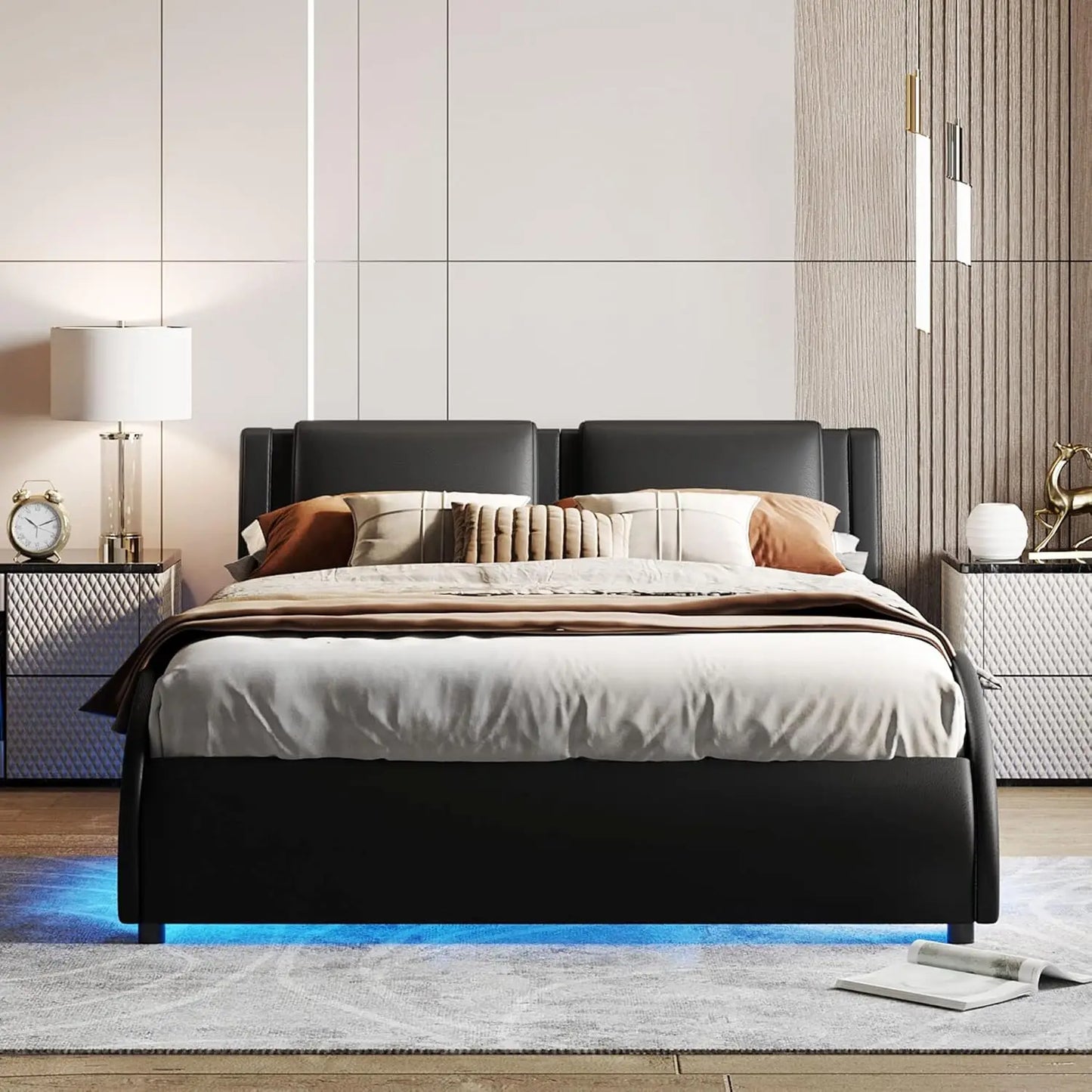 Queen Bed With Led Lights Upholstered Faux Leather Platform Beds With Headboard Modern Wave-Like Bed Frame With Slatted, No Box