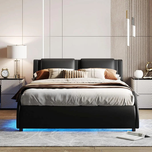Queen Bed With Led Lights Upholstered Faux Leather Platform Beds With Headboard Modern Wave-Like Bed Frame With Slatted, No Box