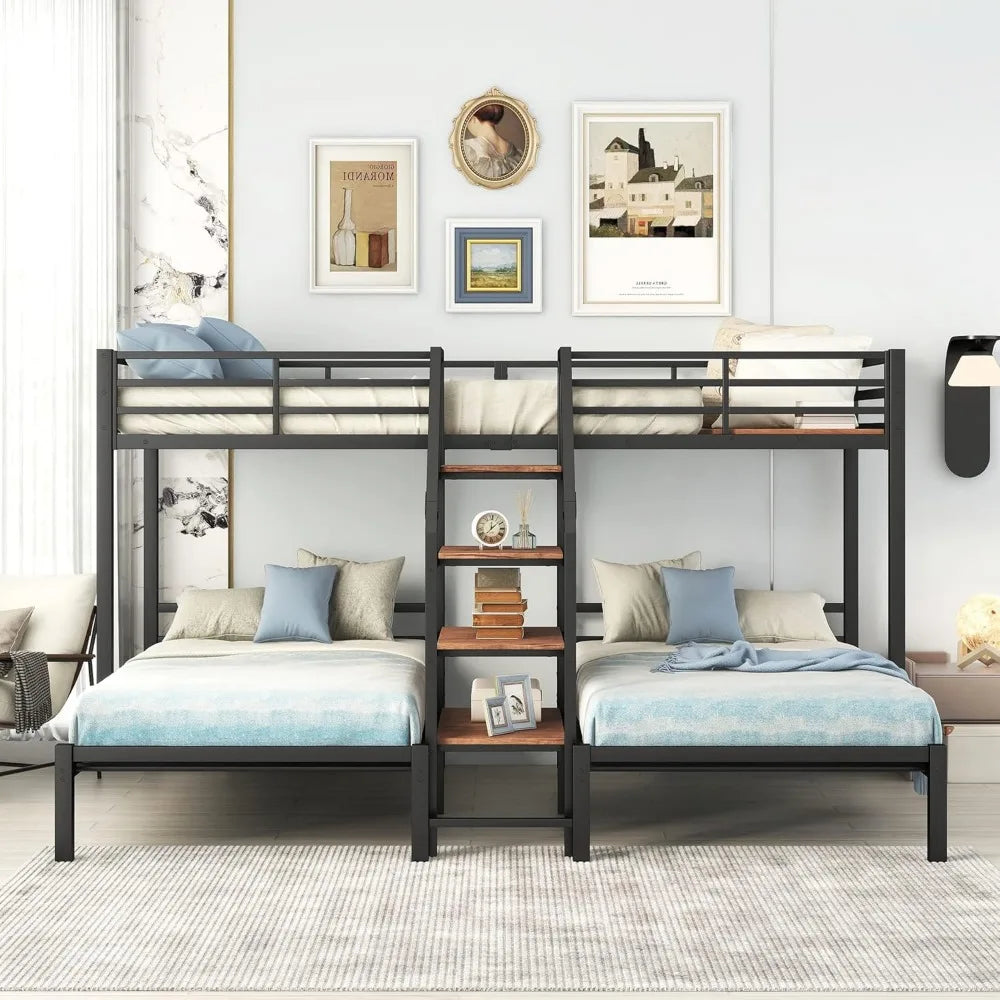 Harper & Bright Designs Metal Triple Bunk Bed with Stairs, 3 Beds Bunk Bed & Twin Over Twin Bunk Bed with Storage Shelves Stairc