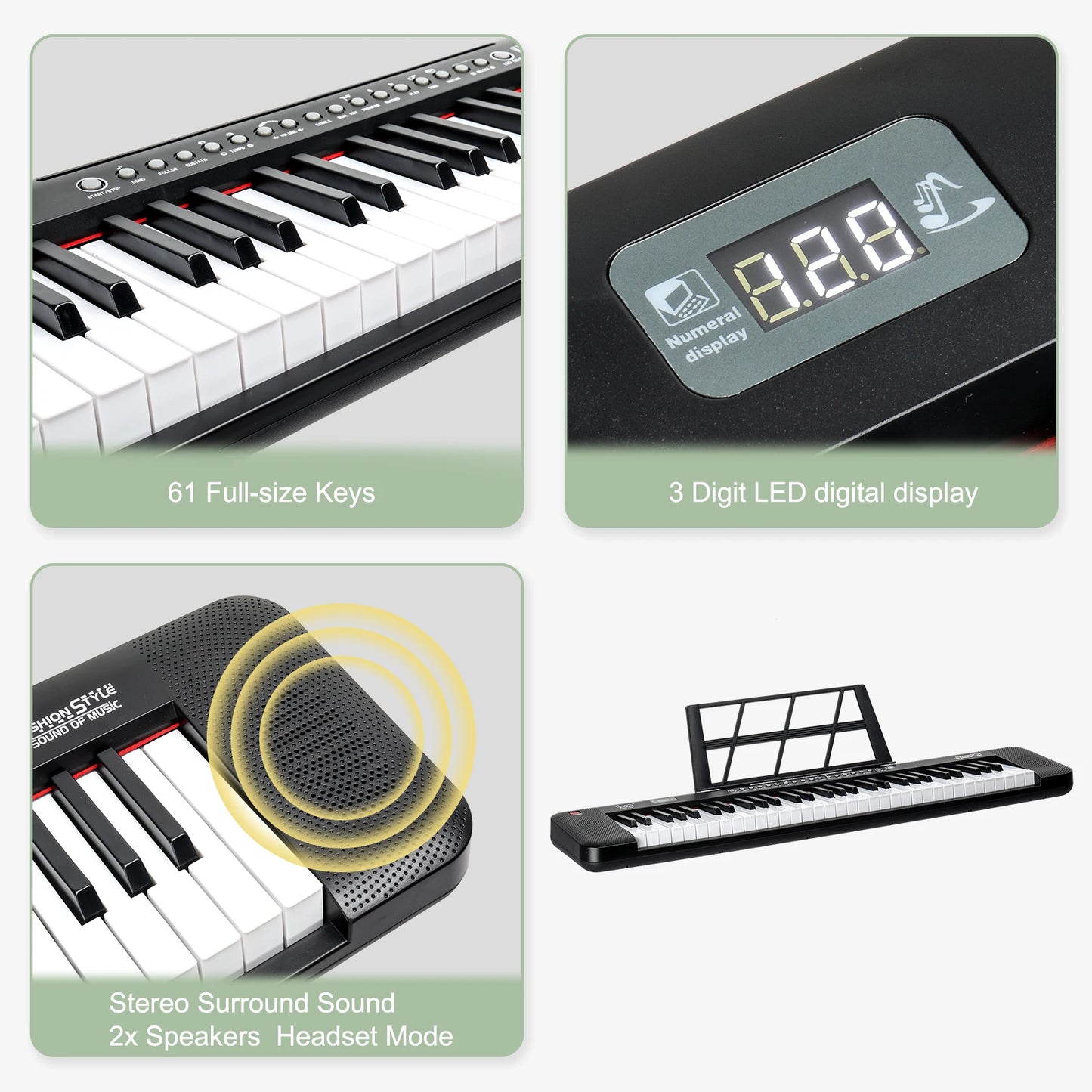 61 Key Piano Keyboard Semi-Weighted Keys Digital Music Keyboard with Power Supply Piano Stand Stool and Microphone Piano Sets