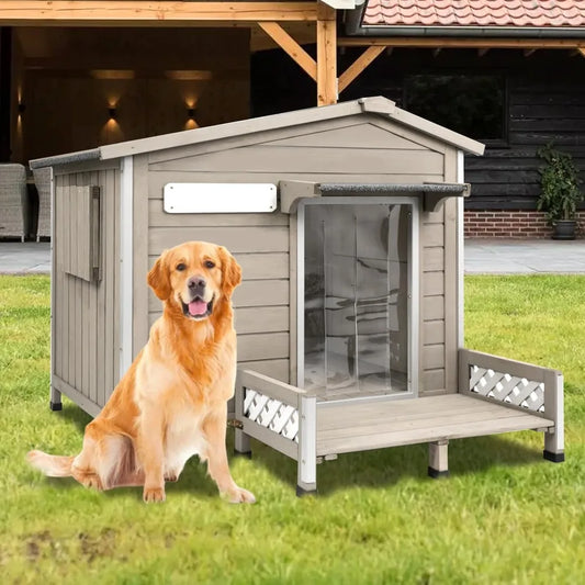 Dog House Outdoor Wooden Dog Kennel Outdoor Weatherproof Chew-Proof Iron Frame, Removable Floor and Adjustable Window