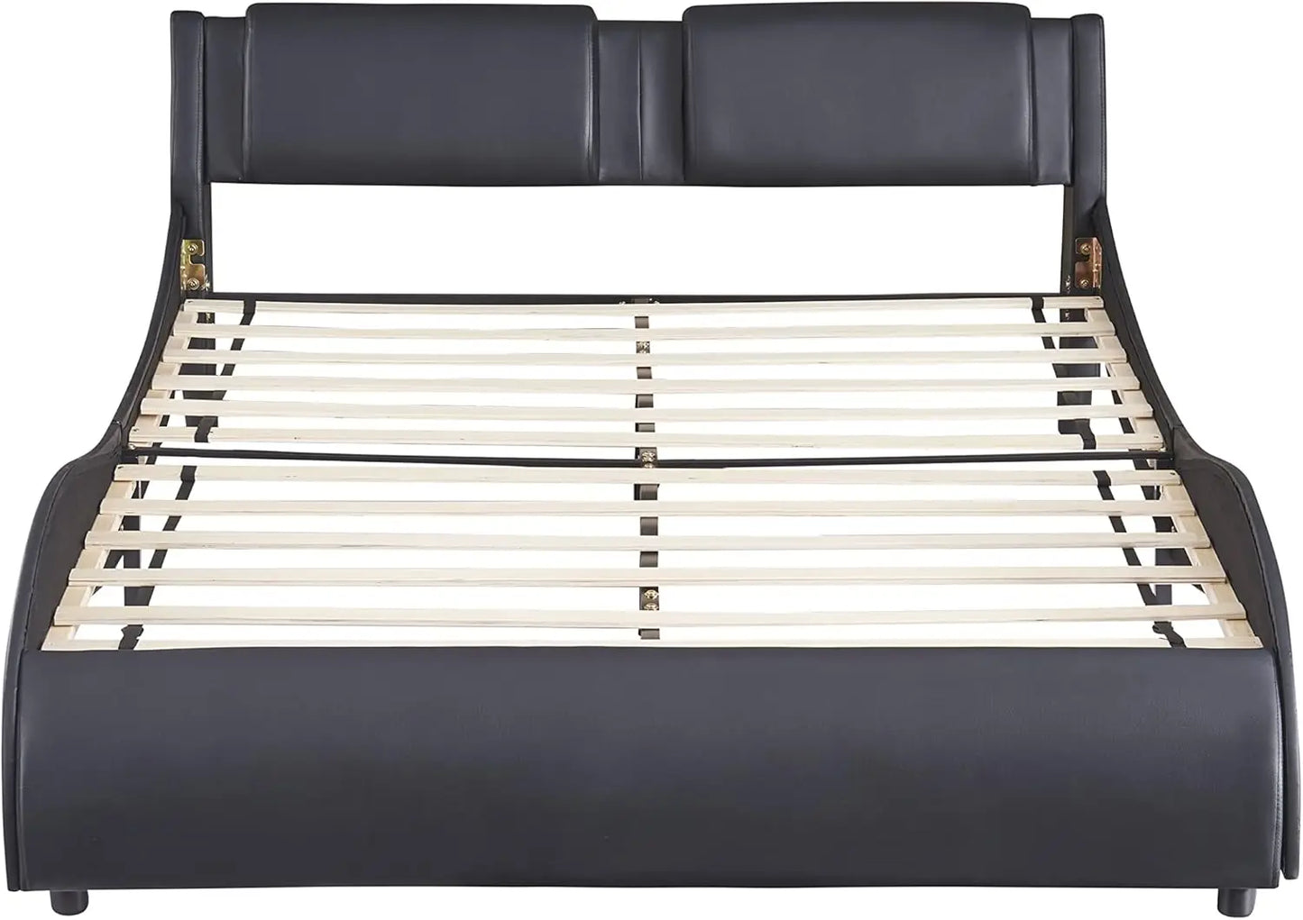 Queen Bed With Led Lights Upholstered Faux Leather Platform Beds With Headboard Modern Wave-Like Bed Frame With Slatted, No Box
