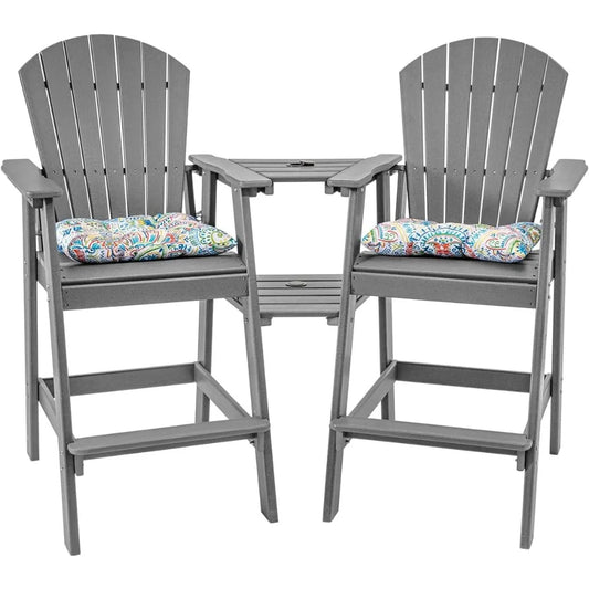 Outdoor Tall Adirondack Chairs Set of 2 with Table, Patio HDPE Bar Set, 3 PCS Counter Height Dining Bistro Set, Pub Table