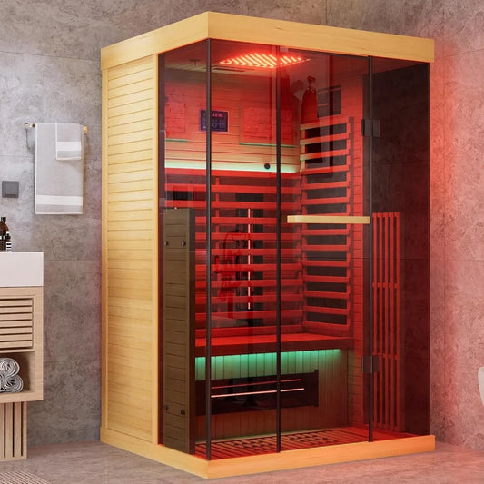 Full Spectrum Infrared Sauna 1-2 Person Home Sauna,Wooden Canadian Hemlock Indoor Spa with Resonance Speaker