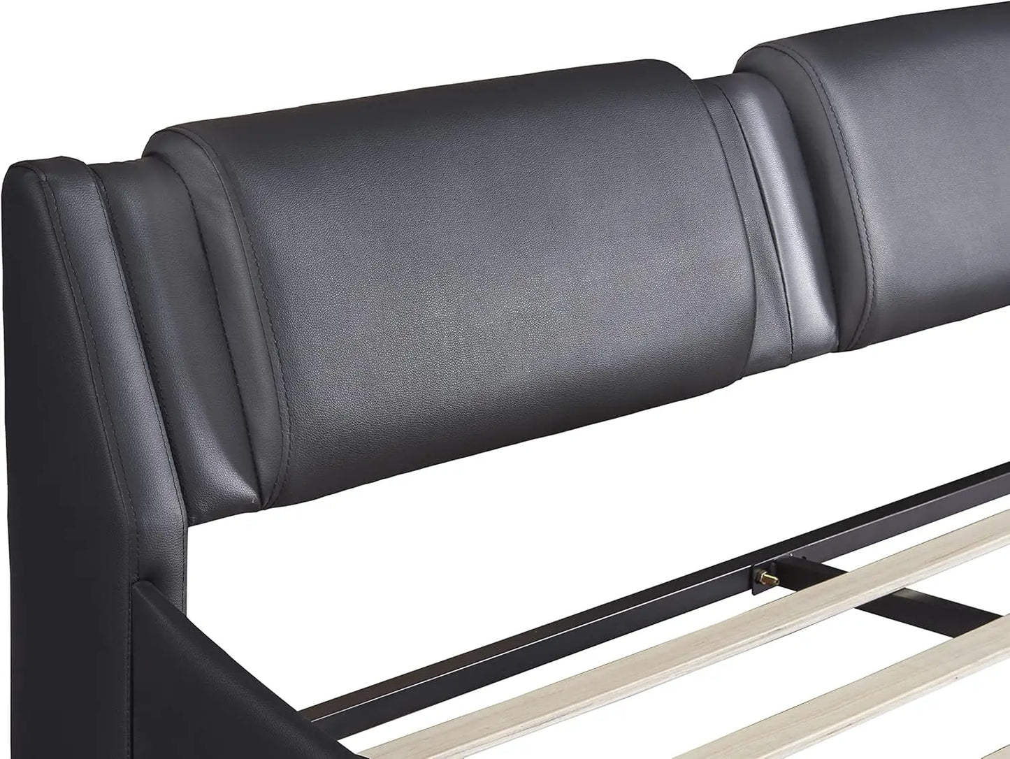 Queen Bed With Led Lights Upholstered Faux Leather Platform Beds With Headboard Modern Wave-Like Bed Frame With Slatted, No Box