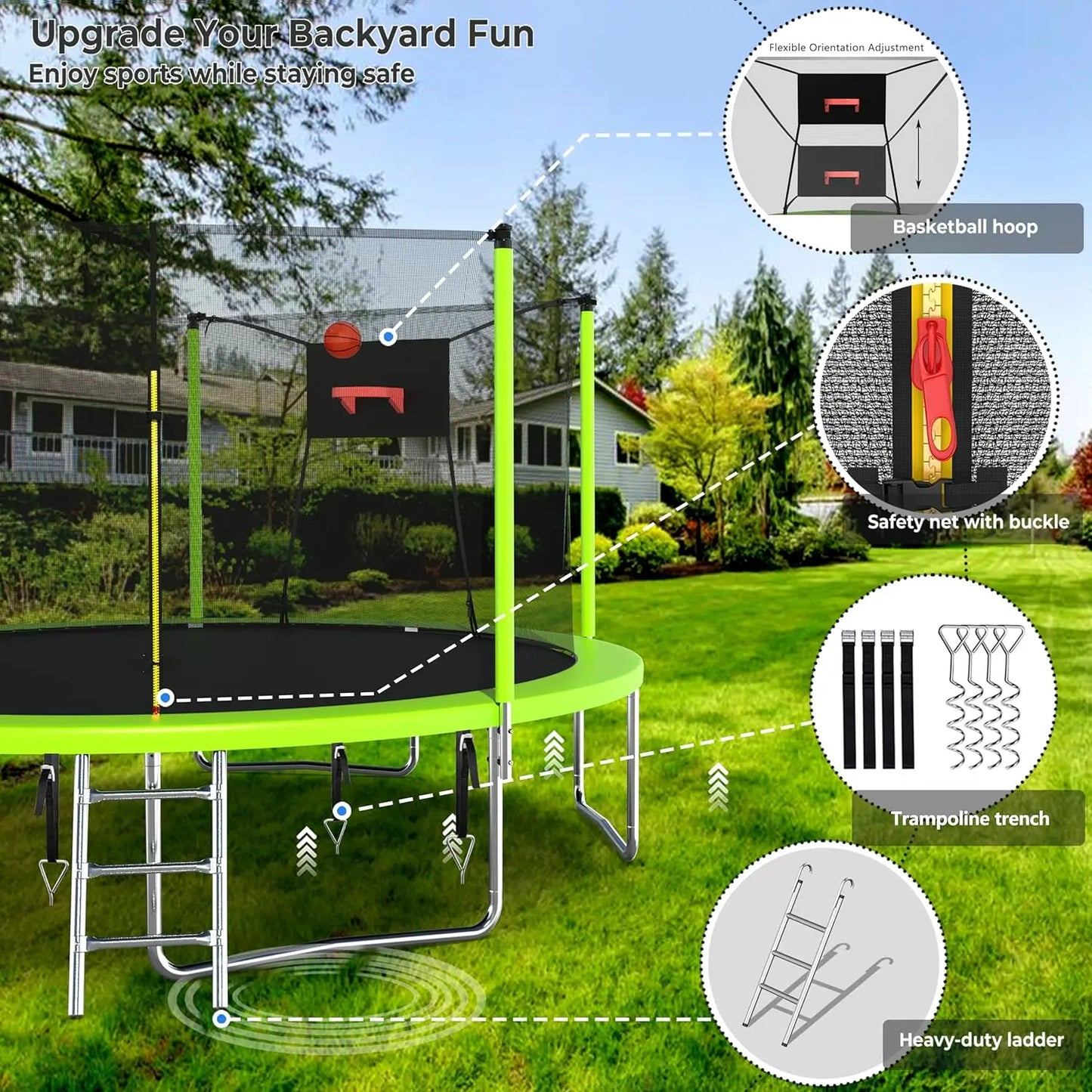 Upgraded 14FT 15FT Trampoline for Kids and Adults, Large Outdoor Trampoline with Stakes, Light, Sprinkler, Backyard Trampoline w