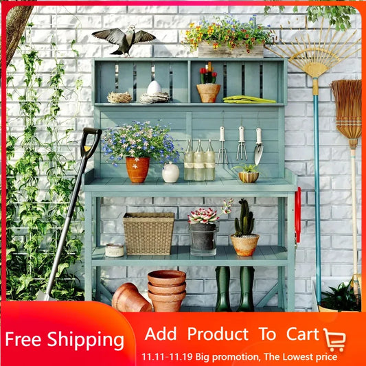 Large Wooden Farmhouse Rustic Outdoor Patio Workstation Potting Bench Table with 4 Storage Shelves and Side Hook - Green