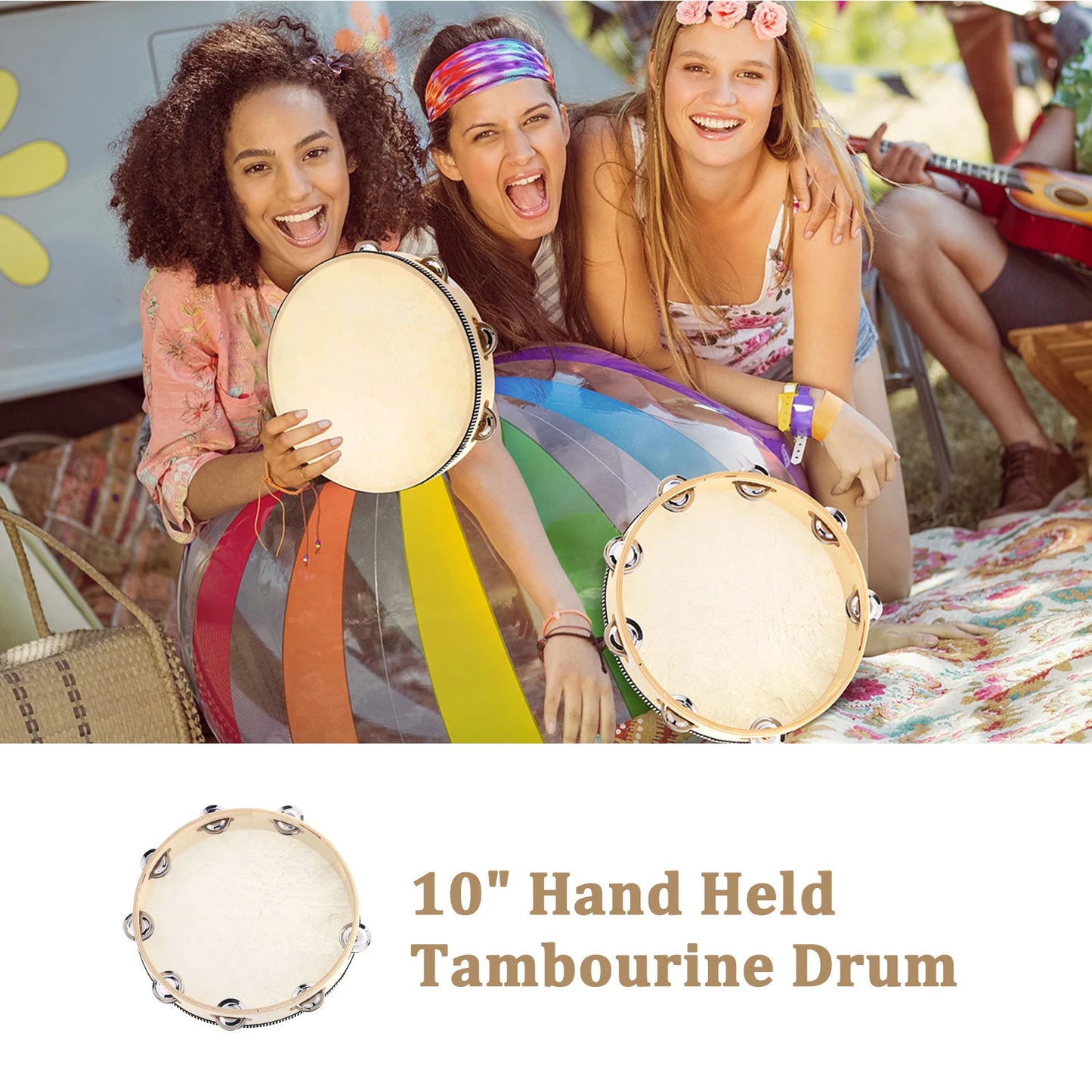 10 Inch Hand Held Tambourine Drum Bell Birch Metal Jingles Percussion Musical Educational Instrument for KTV Party Kids Games