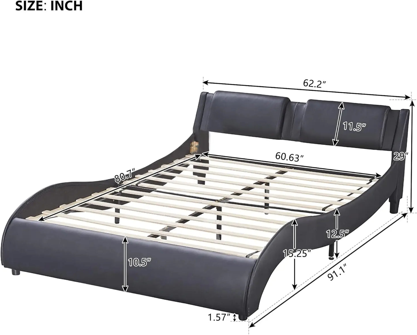 Queen Bed With Led Lights Upholstered Faux Leather Platform Beds With Headboard Modern Wave-Like Bed Frame With Slatted, No Box