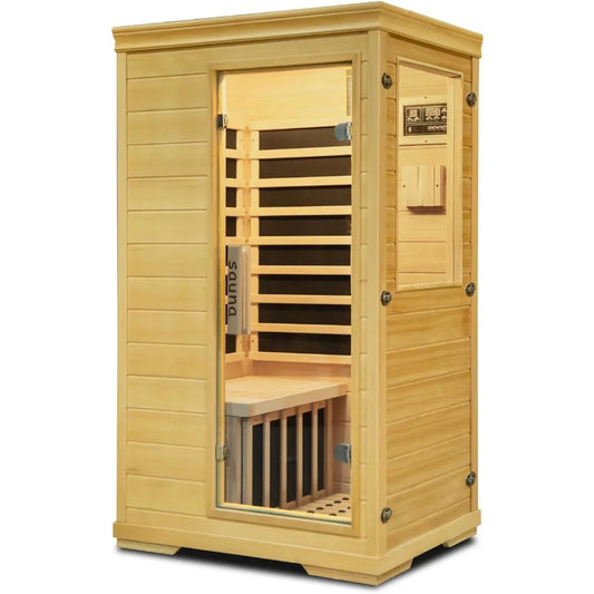 Far Infrared Sauna,1 Person Indoor Side-Opening Home Sauna Canadian Hemlock Wood Dry Sauna 1050W Carbon Heating Panels