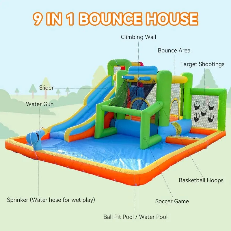 JUST ARRIVED. LIMITED QUANTITY. ONLY $500. FREE SHIPPING. Inflatable Bounce House Water Slide, 9 in 1 Bounce House for Kids Indoor Outdoor Bouncy House with 550W Blower, Water Bounce