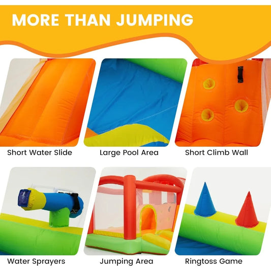 Inflatable Water Slide with Bounce Water Slide, Double Basketball Rings and Climbing Wall Outdoor Fun for Kids, Included Blower