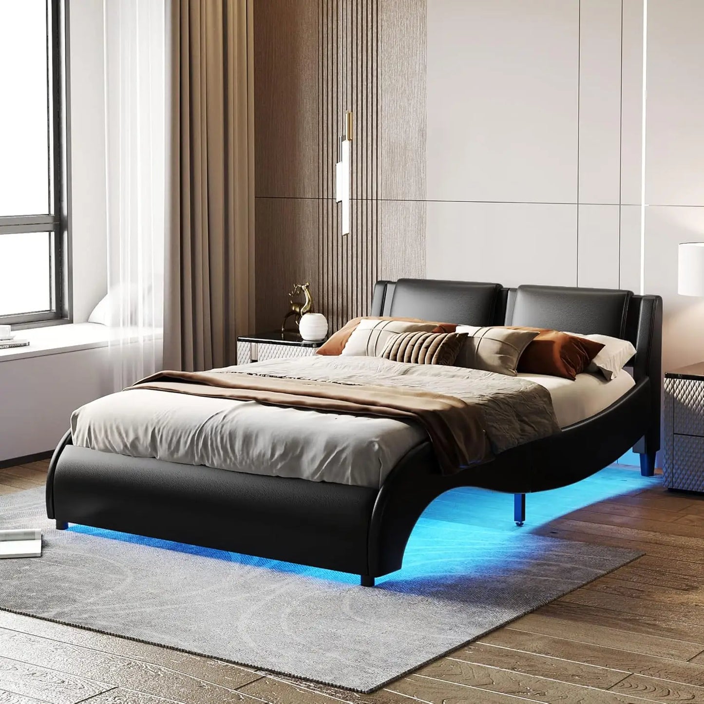 Queen Bed With Led Lights Upholstered Faux Leather Platform Beds With Headboard Modern Wave-Like Bed Frame With Slatted, No Box