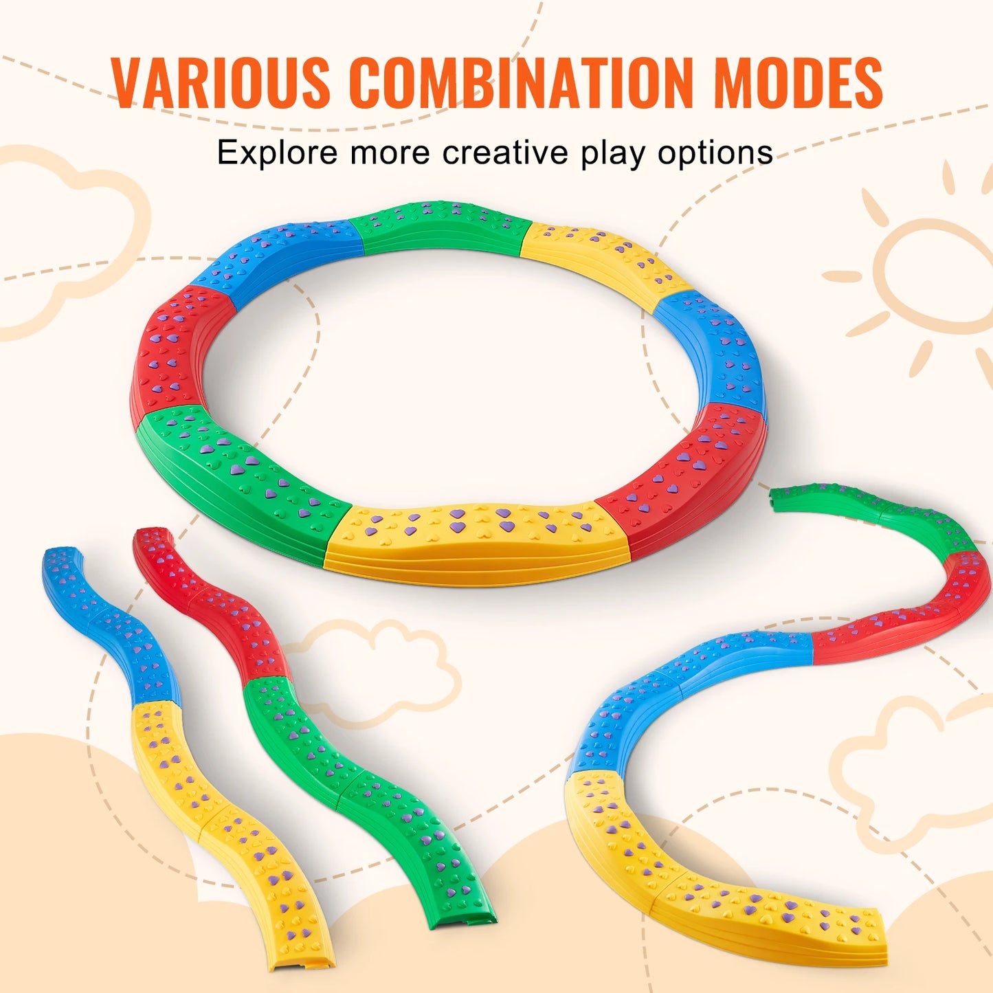 VEVOR Kids Balance Beam Toddler Stepping Stones Boards Non-Slip Sensory Training Montessori Toys for 2-6 Children's Gift Outdoor