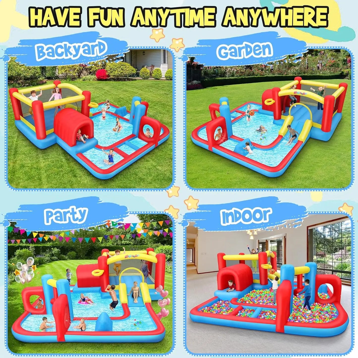 Bounce House Waterslide for Kids 3-12 w/Blower, 14.3 x 14.3FT Inflatable Obstacle Course w/Jump Area, Divided Ball Pit, Slide, O