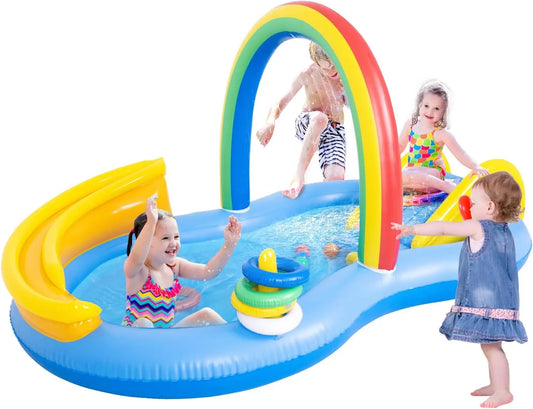 Inflatable Kids Swimming Pool with Water Slide, Inflatable Play Center with Spray Water, Toss Ring, Ball for Kids Children Outdo