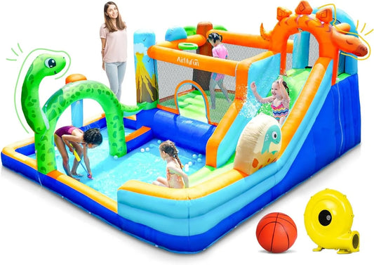 Dinosaur inflatable Water Slide Bounce House for Big Kids 8-12 Water Bounce House for Kids Backyard with Blower Boxing Ring Rock
