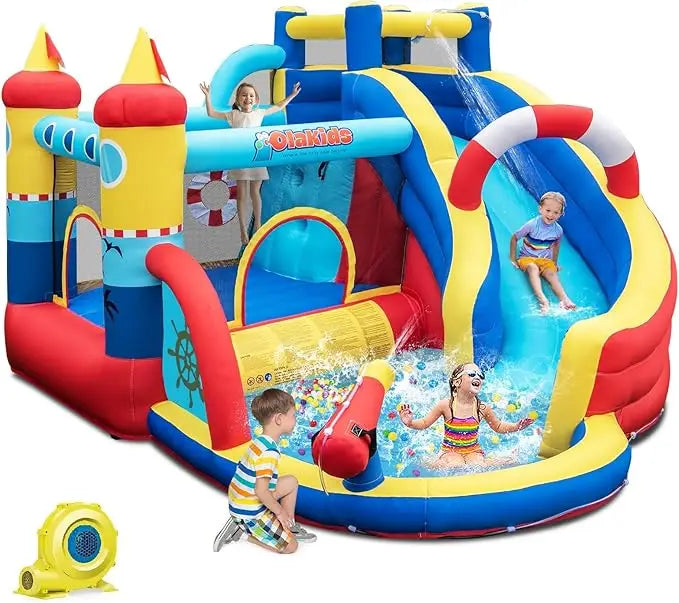 Inflatable Water Slides, Nautical Themed Bouncy House with Slide, Splash Pool, Water Gun, Outdoor Jumping Castle with Hose