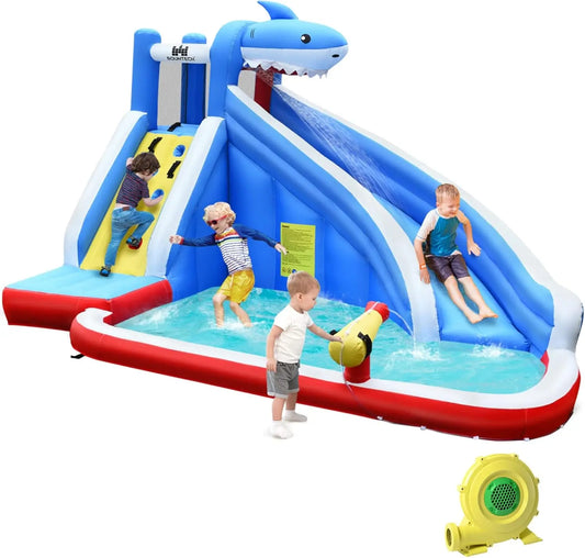Inflatable Water Slide, Shark Themed Waterslide Park for Kids Backyard Outdoor Fun w/Long Slide, Splashing Pool, 750w Blower, Bl