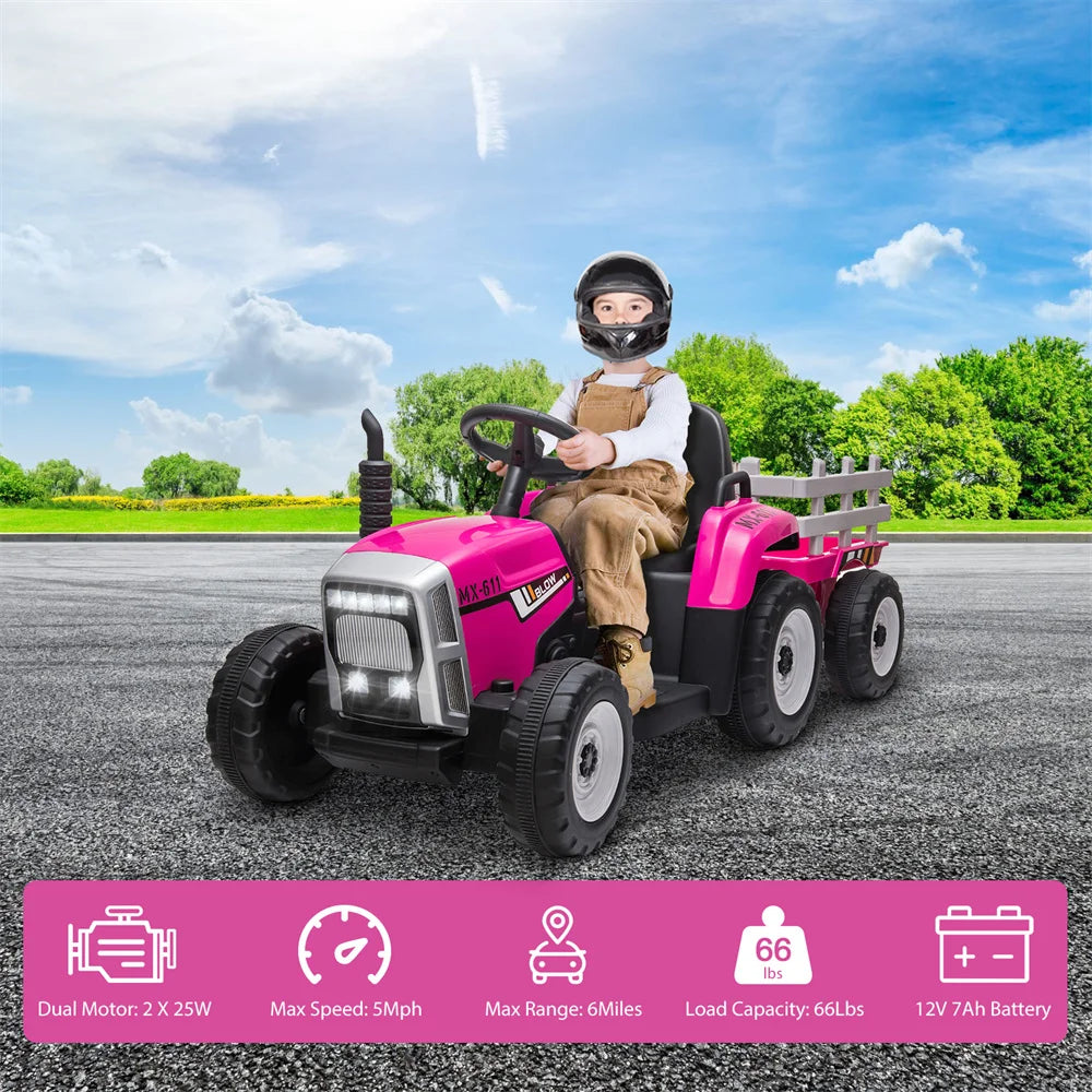12V Kids Electric Battery-Powered Ride On Tractor Toy w/ Trailer Remote Control Suit 3-8 Age Kids  Xmas Gifts