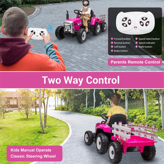 12V Kids Electric Battery-Powered Ride On Tractor Toy w/ Trailer Remote Control Suit 3-8 Age Kids  Xmas Gifts