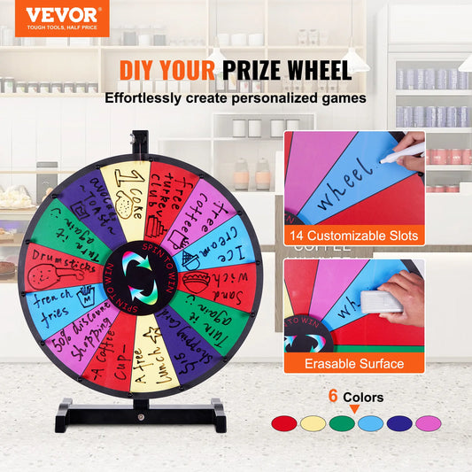 VEVOR 18/24/36 inch Spinning Prize Wheel 14 Slots Spinning Wheel Tabletop or Floor Standing Win Fortune Spin Games in Party Pub