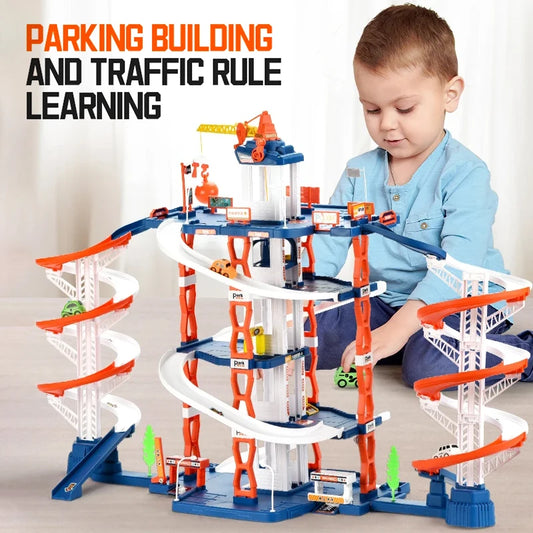 Children's Large Track Smart City Parking Building Car Models Double Slide Rail Puzzle Vehicles Toy Set for Kids Birthday Gifts