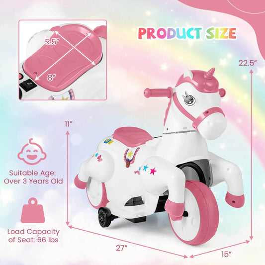 12V Kids Ride on Unicorn Toy w/ Training Wheels Music One-button Start Horse Toy