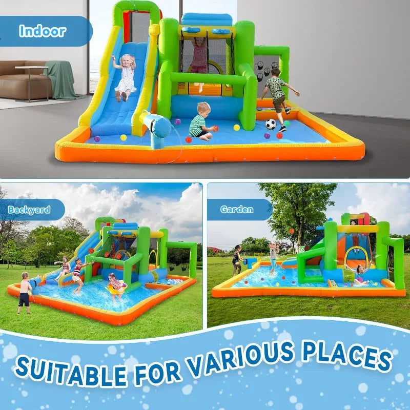 JUST ARRIVED. LIMITED QUANTITY. ONLY $500. FREE SHIPPING. Inflatable Bounce House Water Slide, 9 in 1 Bounce House for Kids Indoor Outdoor Bouncy House with 550W Blower, Water Bounce
