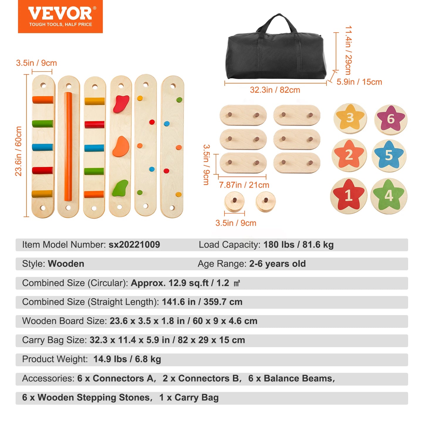 VEVOR 6 PCS Balance Beam Stepping Stones Indoor Outdoor Wooden Toddler Balance Boards for Kids 2-6 Children Montessori Toy