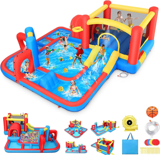 Bounce House Waterslide for Kids 3-12 w/Blower, 14.3 x 14.3FT Inflatable Obstacle Course w/Jump Area, Divided Ball Pit, Slide, O