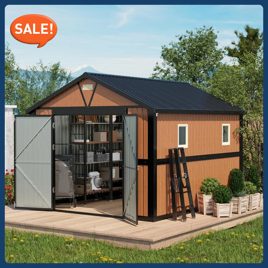 Outdoor Storage Shed 10x12 Ft,Outside Steel Tiny House Ideal for Garden,Extra Large Metal Shed with Lockable Doors, 2 Windows