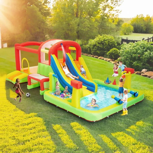 Inflatable Water Slide with Bounce Water Slide, Double Basketball Rings and Climbing Wall Outdoor Fun for Kids, Included Blower