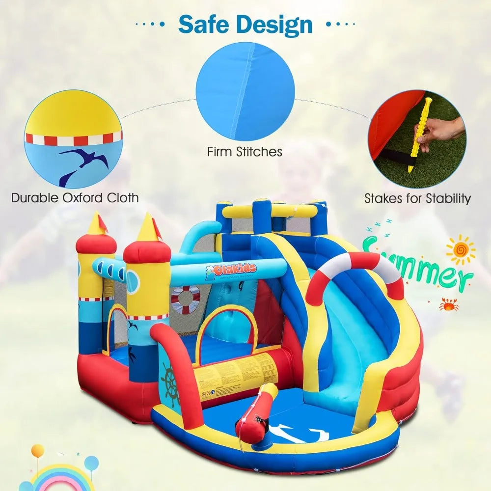 Inflatable Water Slides, Nautical Themed Bouncy House with Slide, Splash Pool, Water Gun, Outdoor Jumping Castle with Hose