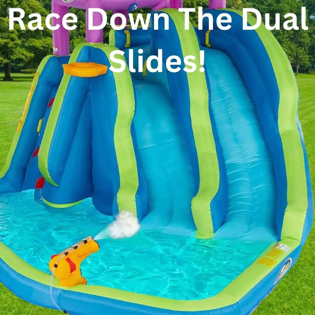 Twin Falls 7-in-1 Inflatable Water Park for Kids with Blower, Includes Two Blow Up Water Slides, Climbing Wall, Splash Pool, Wat