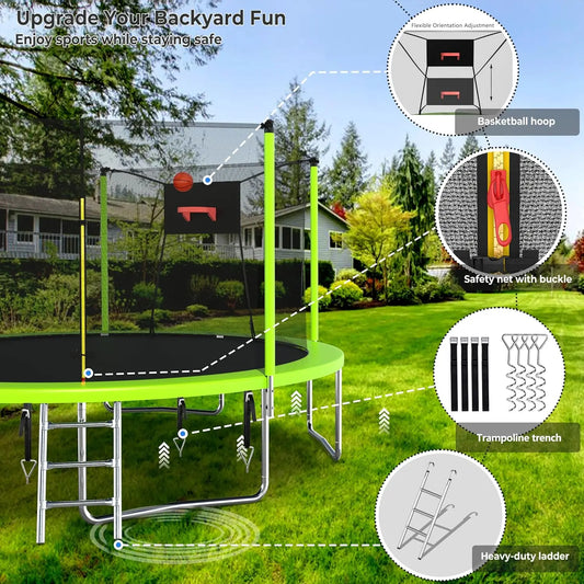 Upgraded 14FT 15FT Trampoline for Kids and Adults, Large Outdoor Trampoline with Stakes, Light, Sprinkler, Backyard Trampoline w