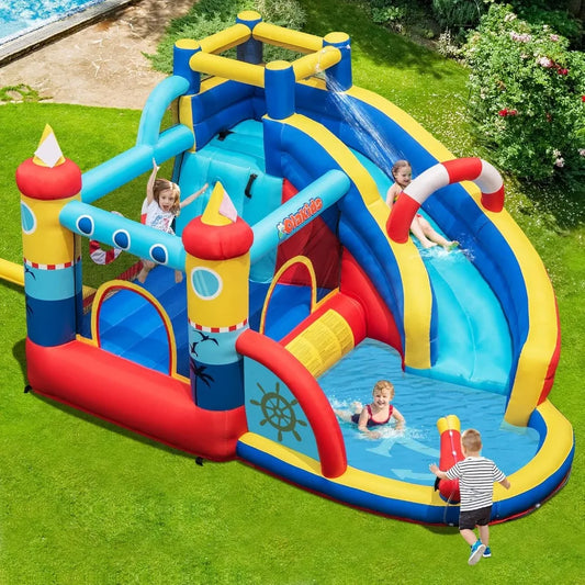 Inflatable Water Slides, Nautical Themed Bouncy House with Slide, Splash Pool, Water Gun, Outdoor Jumping Castle with Hose