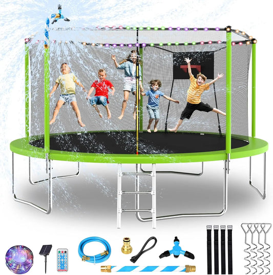 Upgraded 14FT 15FT Trampoline for Kids and Adults, Large Outdoor Trampoline with Stakes, Light, Sprinkler, Backyard Trampoline w