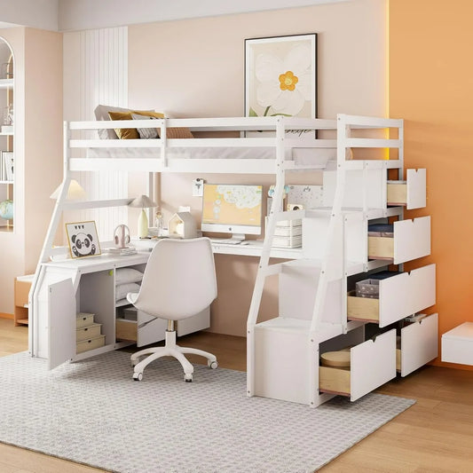 Full Size Loft Bed with Desk and Storage Stairs,Wood Loft Bed Full with 7 Drawers &2 Shelve,High Loft Beds with Desk Underneath