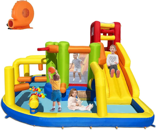 Inflatable Obstacle Bounce House Kids Bounce House Water Park with Water Slides Surprise Dump Bucket Obstacles Jumping Tunnels
