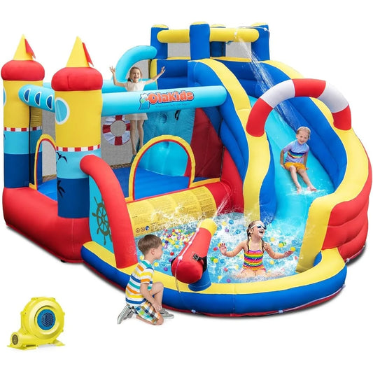 Inflatable Water Slides, Nautical Themed Bouncy House with Slide, Splash Pool, Water Gun, Outdoor Jumping Castle with Hose