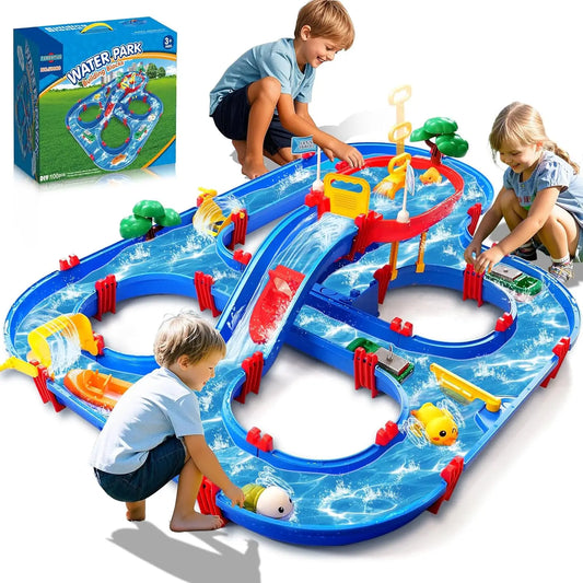 Double-Tier Kids Water Table Toys, 100PCS Water Park Playset with Pump, DIY Toddler Waterways, Summer Outdoor Toys for Backyard,