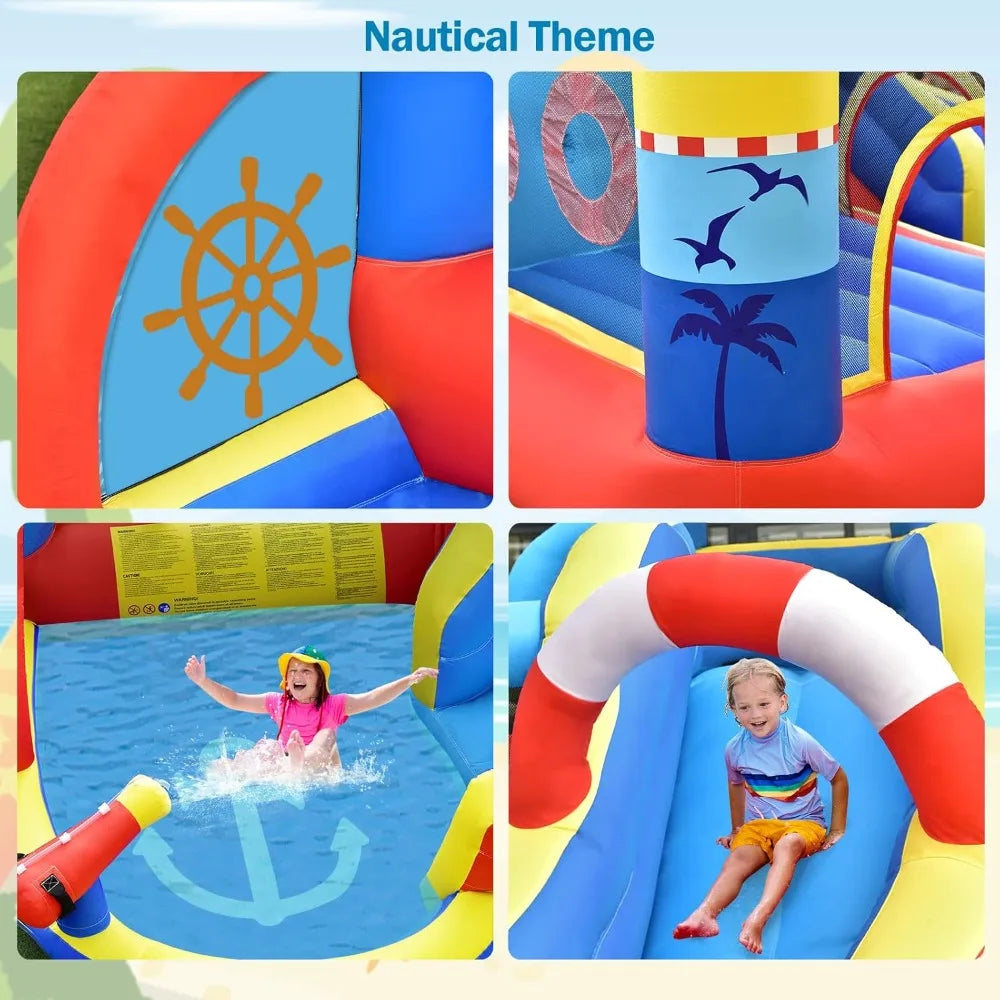 Inflatable Water Slides, Nautical Themed Bouncy House with Slide, Splash Pool, Water Gun, Outdoor Jumping Castle with Hose
