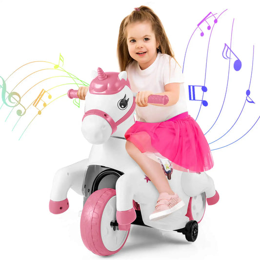 12V Kids Ride on Unicorn Toy w/ Training Wheels Music One-button Start Horse Toy