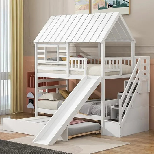 Bunk Beds Twin Over Twin with Slide,Twin Bunk Bed with Storage Stairs and Trundle,Wood Kids Bunk Bed with Roof and Window Design