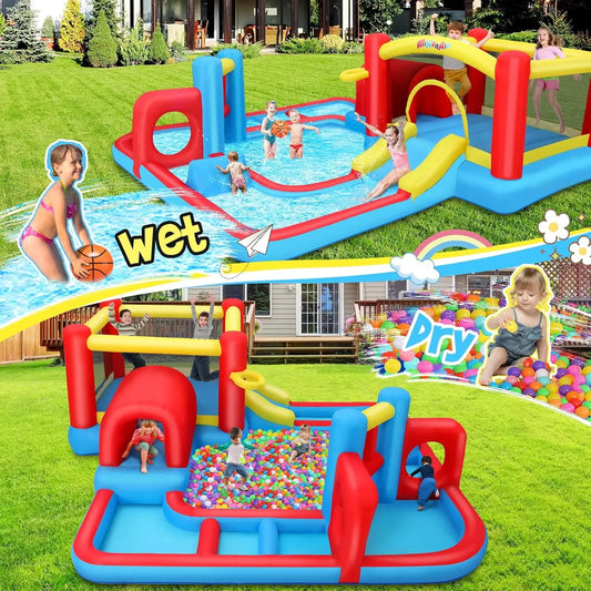 Bounce House Waterslide for Kids 3-12 w/Blower, 14.3 x 14.3FT Inflatable Obstacle Course w/Jump Area, Divided Ball Pit, Slide, O