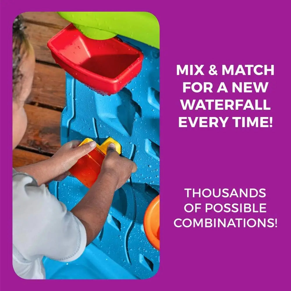 Waterfall Discovery Wall, Kids Double-Sided Water and Sand Activity Sensory Table, Summer Outdoor Toys, 13 Piece Toy Accessories