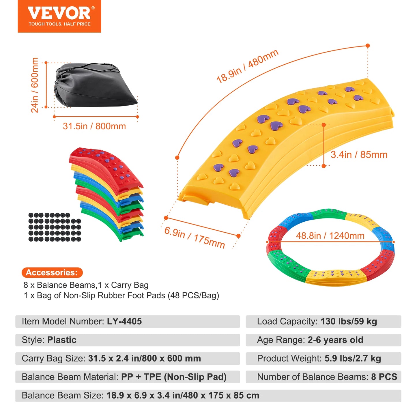 VEVOR Kids Balance Beam Toddler Stepping Stones Boards Non-Slip Sensory Training Montessori Toys for 2-6 Children's Gift Outdoor
